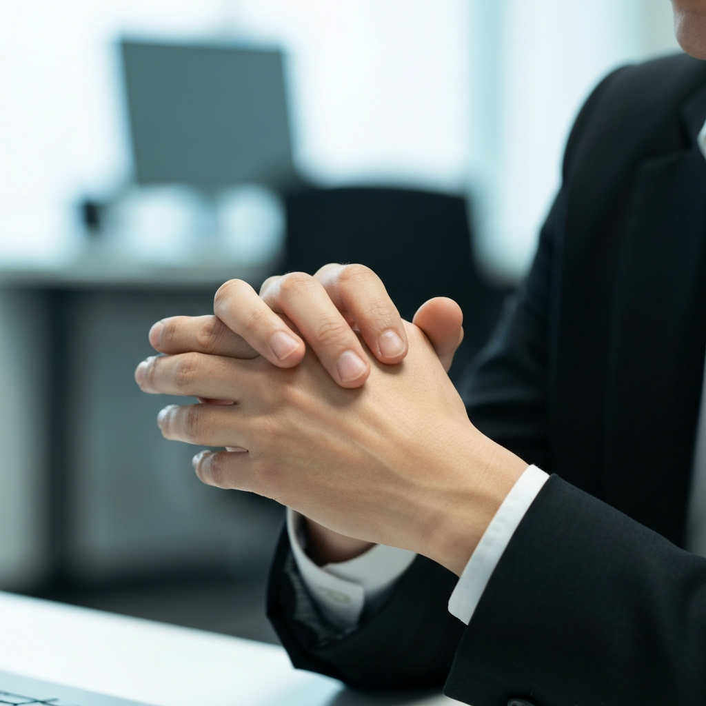 A close-up shot of hands gently folded, with a slightly blurred background of an office setting. Soft, diffused lighting highlights the textures of the skin and fabric, conveying a sense of calm and control.