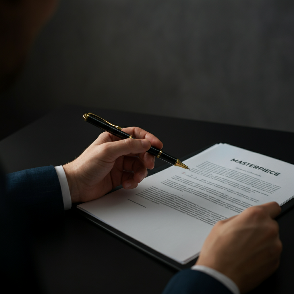 A well-lit office desk with a hand holding a pen, pointing to a document. The document has a professional layout with legible text. The desk is tidy with a blurred background indicating a professional workspace.
