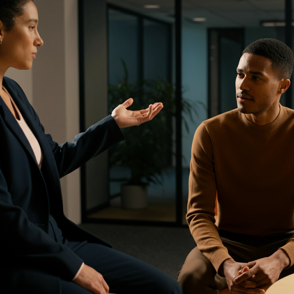 Two professionally dressed individuals in a brightly lit office, engaged in a calm, respectful conversation. One person is gesturing gently with their hands while the other listens attentively. A blurred background shows office plants and minimalist decor.