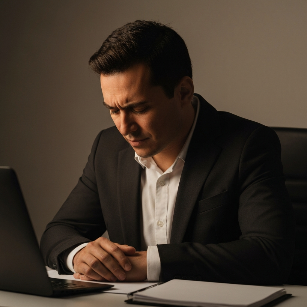 A medium shot of a person in professional attire, sitting at a desk with their head slightly bowed in a gesture of contrition. Soft, warm lighting casts subtle shadows on their face, conveying sincerity and reflection.