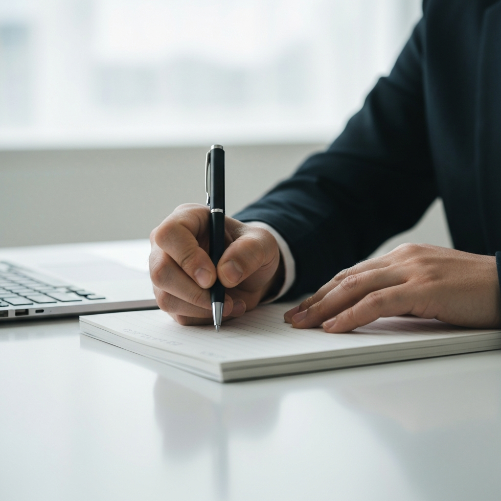 A close-up of a hand writing on a notepad with a pen. The notepad is resting on a clean desk with a laptop in the background. The lighting is bright and focused on the notepad, emphasizing the act of writing.