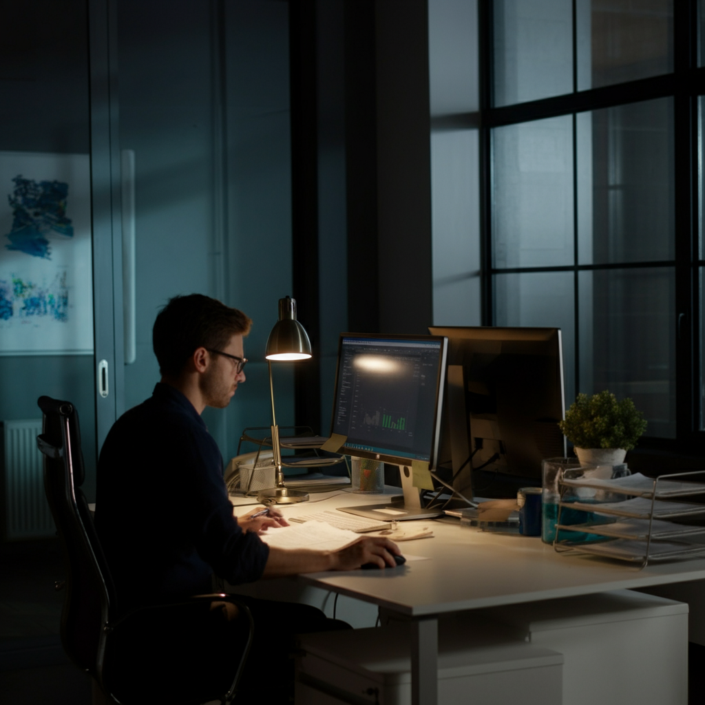 A brightly lit office environment, showing a person working diligently at their desk, reviewing documents and using a computer. The setting is professional and focused, conveying a sense of hard work and dedication.