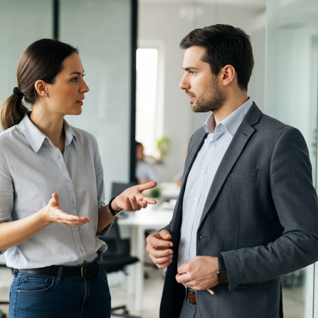 Two colleagues in professional attire, standing in a well-lit office space, engaged in a focused conversation. They are facing each other with open body language, indicating active listening and collaboration. The background shows office equipment and a blurred view of other employees.