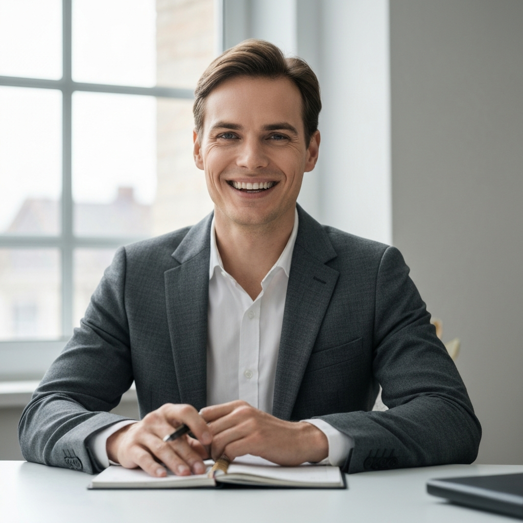 A person in business casual attire smiling confidently while sitting at their desk. There's a soft, natural light coming from a window and the focus is sharp on the person's face, radiating positivity. A planner or notebook is subtly visible on the desk.