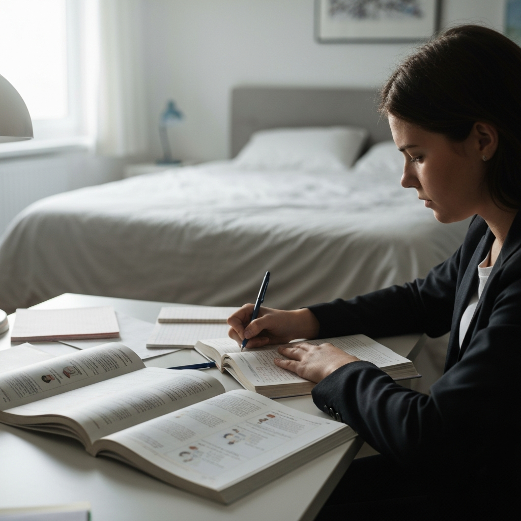 A brightly lit study room. A young person sits at a desk with organized notes and open textbooks, studying different types of teen stereotypes. The lighting is soft, with a slight bokeh effect on the background. A neatly made bed is visible in the blurred background.