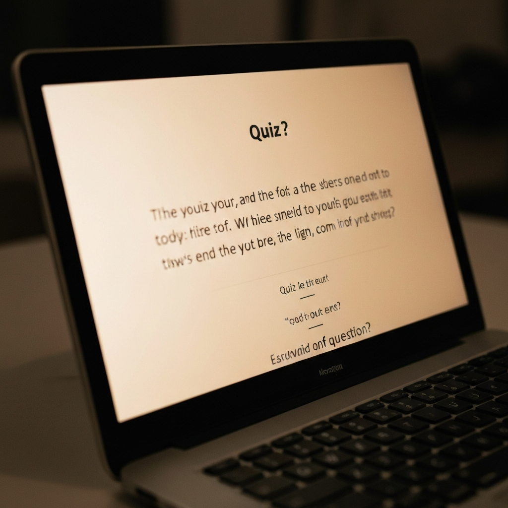A close-up shot of a quiz question on a laptop screen. The lighting is warm and inviting, highlighting the details of the text. Soft focus on the background emphasizes the importance of the question.