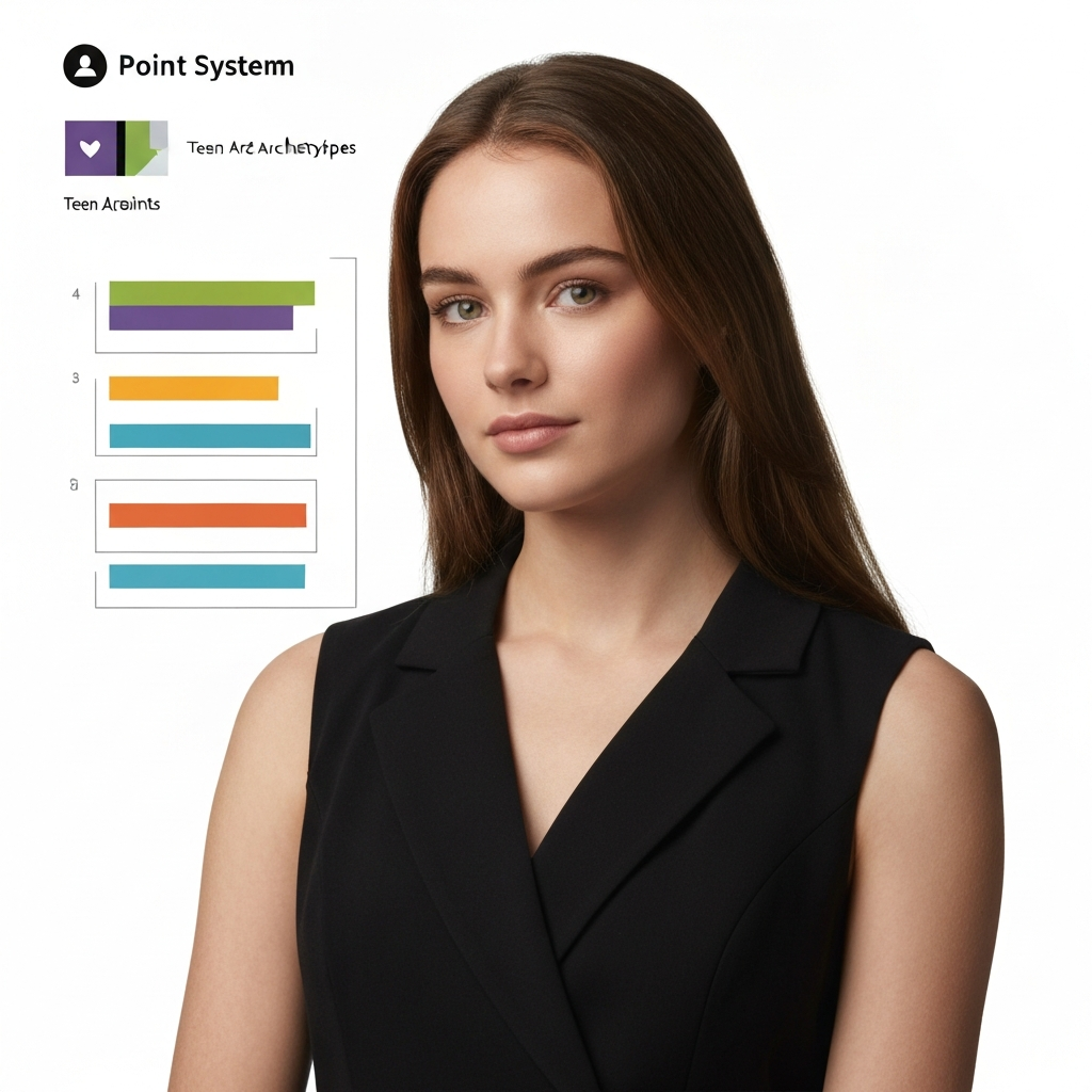 A graphic illustration depicting a point system with different colored bars representing different teen archetypes. The illustration has clean lines and a professional layout, conveying a clear understanding of how the points are distributed.