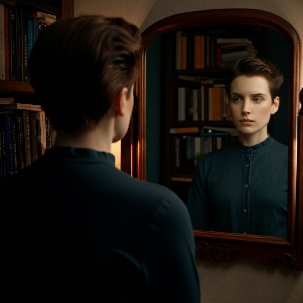 A young adult standing in front of a mirror, looking at their reflection thoughtfully. The lighting is soft and diffused, creating a sense of introspection and self-awareness. A bookshelf filled with various titles is subtly visible in the background.