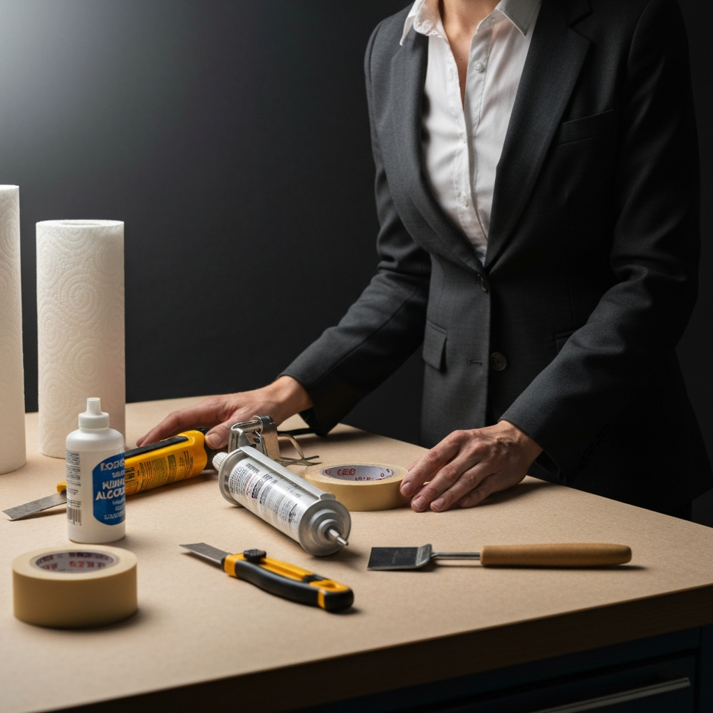A clean, organized workbench with a caulk gun, utility knife, caulk tube, rolls of painter's tape, a small container of rubbing alcohol, paper towels, and a caulk smoothing tool. Soft, diffused light illuminates the tools, highlighting their textures.