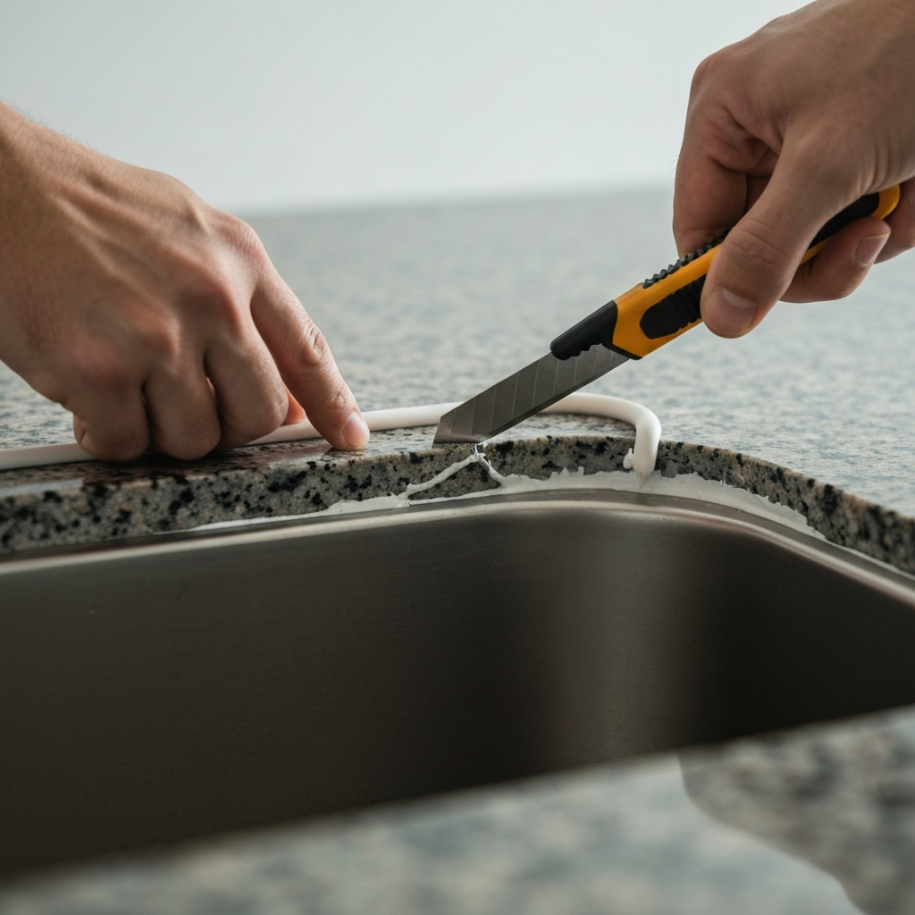 Close-up shot of a hand using a utility knife to carefully score along the edge of old, cracked caulk between a stainless steel sink and a granite countertop. Shallow depth of field, focusing on the knife blade and the caulk.