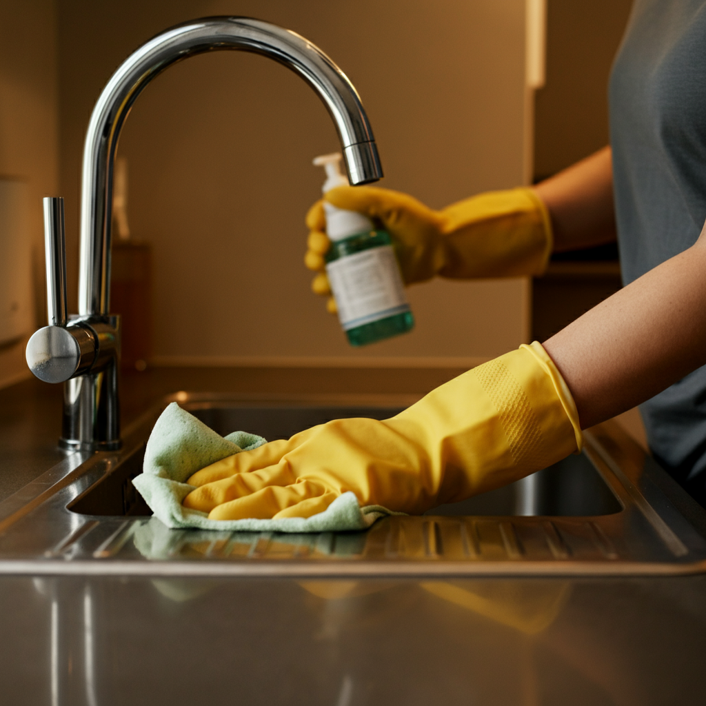 A person wearing rubber gloves wiping down the perimeter of a kitchen sink with a damp cloth and rubbing alcohol. The sink is stainless steel and reflects the overhead kitchen light. Background is slightly blurred.