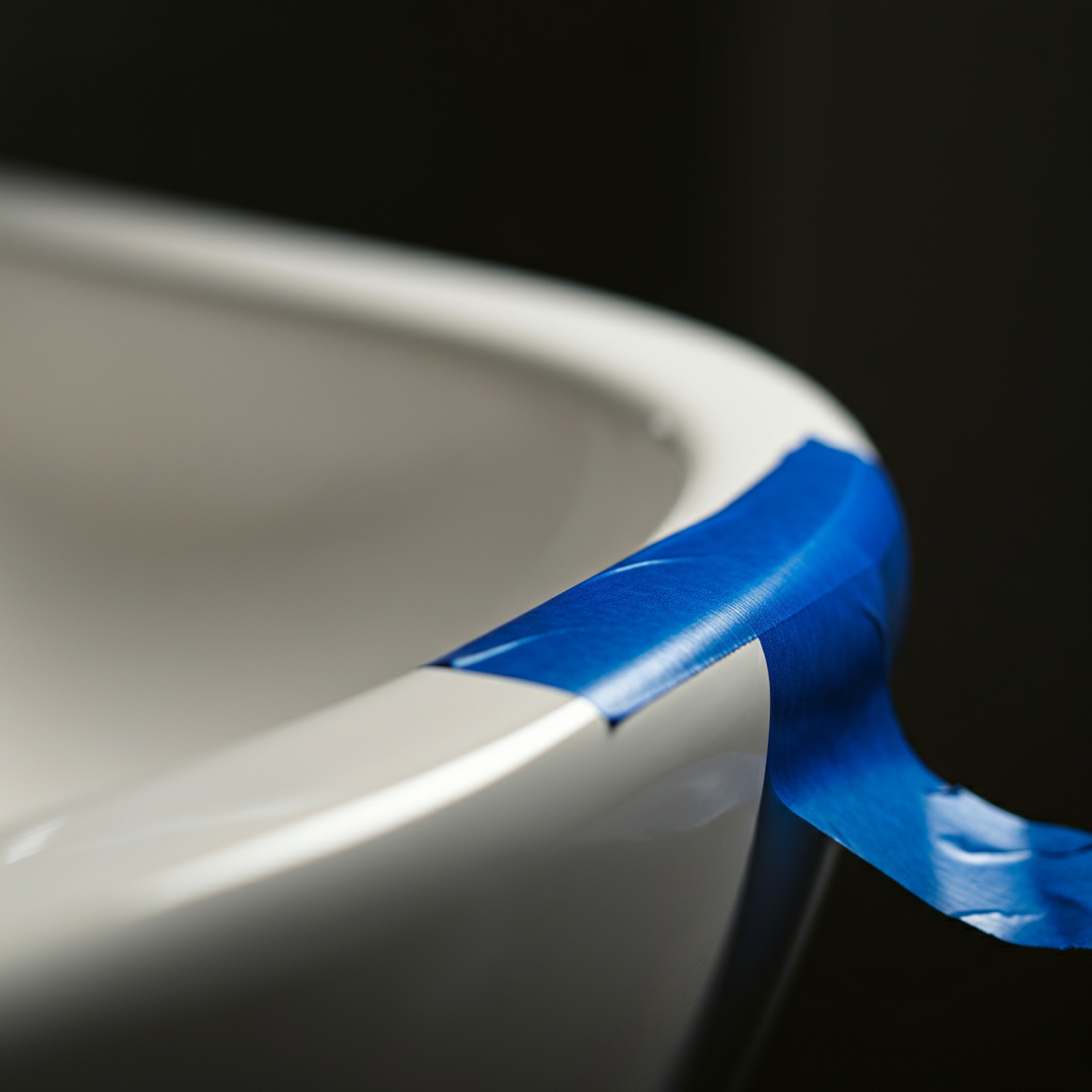 Close-up of blue painter's tape carefully applied along the edge of a white ceramic sink, creating a neat border. The lighting is bright and even, showing the texture of the ceramic and the crisp line of the tape.