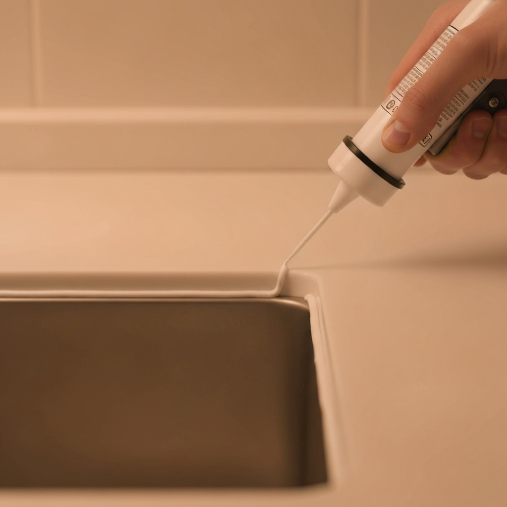 A hand using a caulk gun to apply a bead of white caulk along the seam between a sink and a countertop. The lighting is slightly diffused, and the depth of field is shallow, focusing on the caulk bead and the tip of the caulk gun.