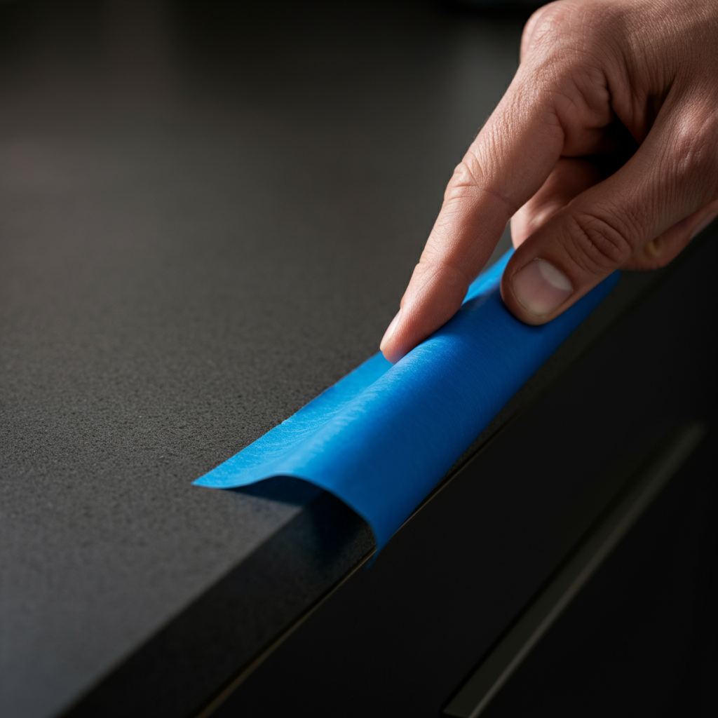 A hand carefully peeling off blue painter's tape from the edge of a countertop, revealing a smooth, clean line of fresh caulk. The background is blurred, focusing on the tape and the newly caulked seam.