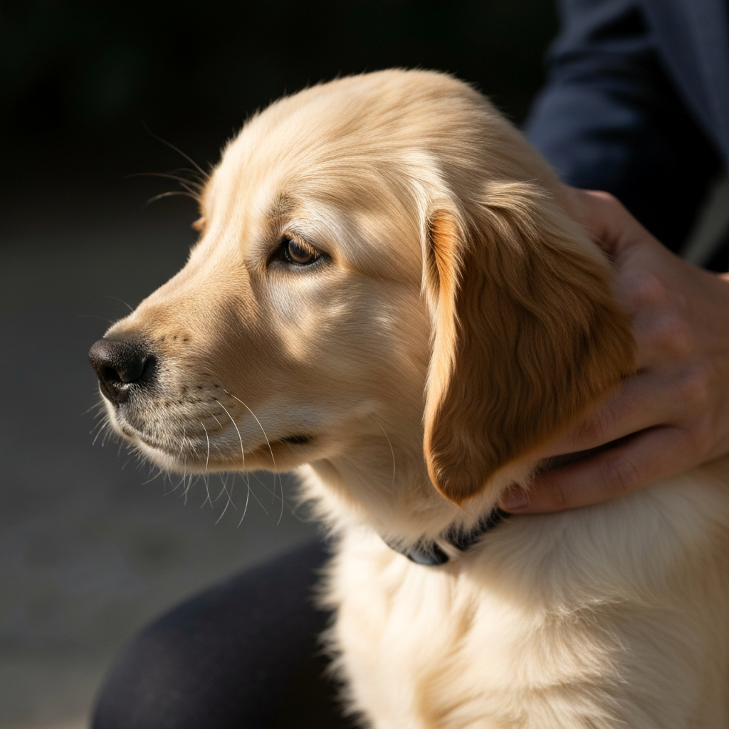 A close-up shot of a person's hand gently petting a golden retriever puppy. Soft, natural lighting emphasizes the puppy's fur texture and the person's affectionate touch.