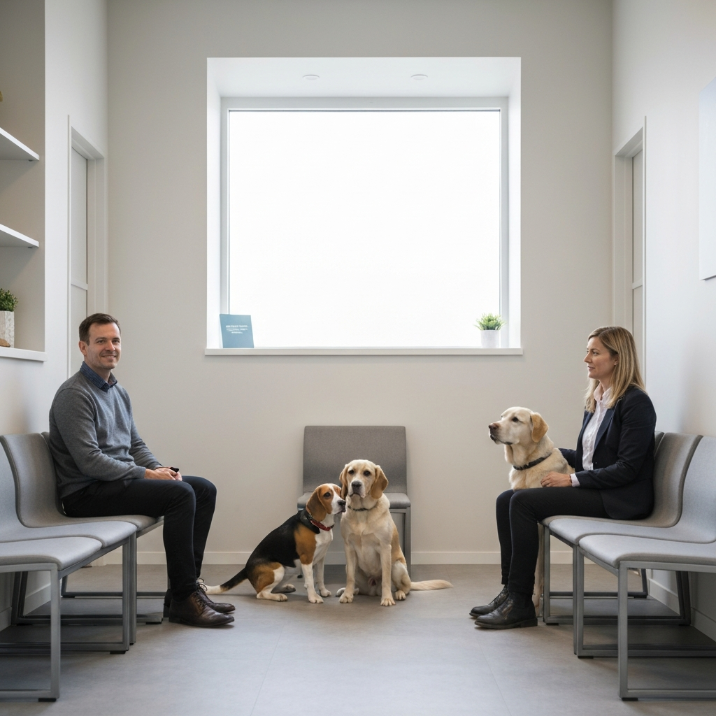 A brightly lit veterinary clinic waiting room. Two people are sitting with their dogs, one a Beagle and the other a Labrador. The dogs are calmly sitting and looking ahead.