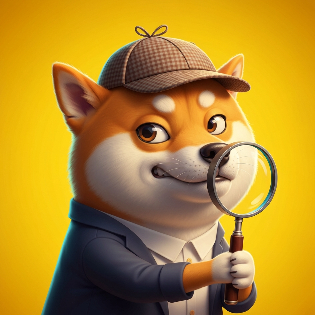 A cartoon-style illustration of a dog wearing a detective's hat and holding a magnifying glass. The scene is brightly colored and humorous, emphasizing the dog's comical expression.