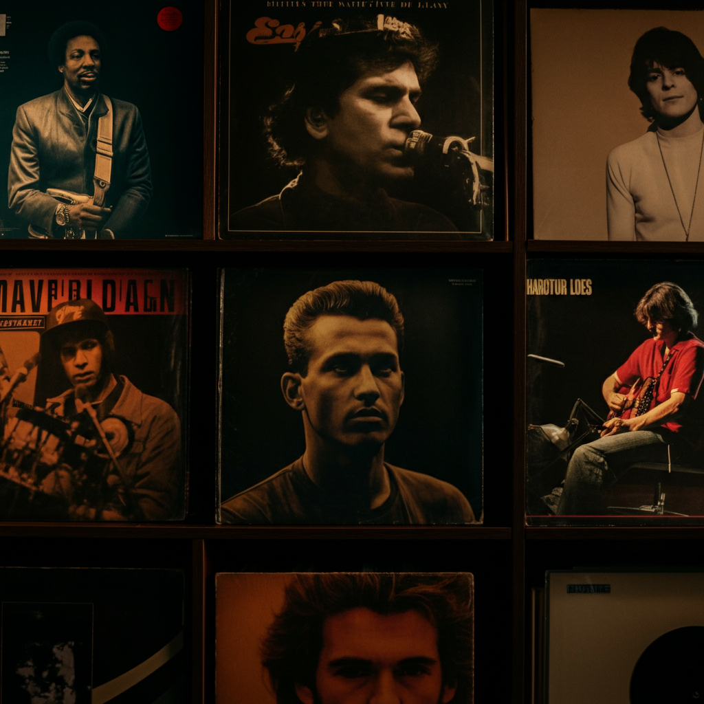 A collection of vinyl records featuring famous musicians. The records are arranged in a visually appealing manner, showcasing the diverse styles and genres of music.