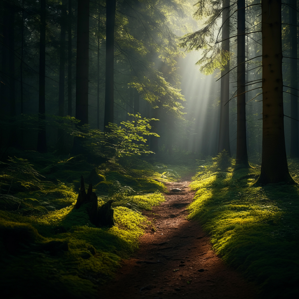 A panoramic view of a lush forest, with sunlight filtering through the trees. The scene is vibrant and inviting, showcasing the beauty and tranquility of nature.