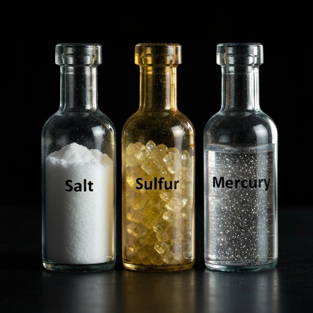 A close-up of three antique vials, each containing a crystalline substance. One is white and powdery (Salt), one is yellow and slightly translucent (Sulfur), and the third contains a shimmering, silvery liquid (Mercury). Soft lighting emphasizes the textures.