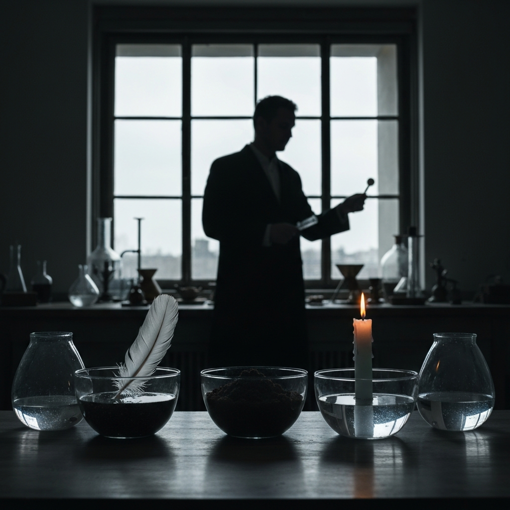 A dimly lit laboratory with an alchemist in the background, silhouetted against a window. In the foreground, four glass bowls contain representations of the elements: a feather (Air), soil (Earth), a lit candle (Fire), and water (Water). The scene has a moody, historical feel.