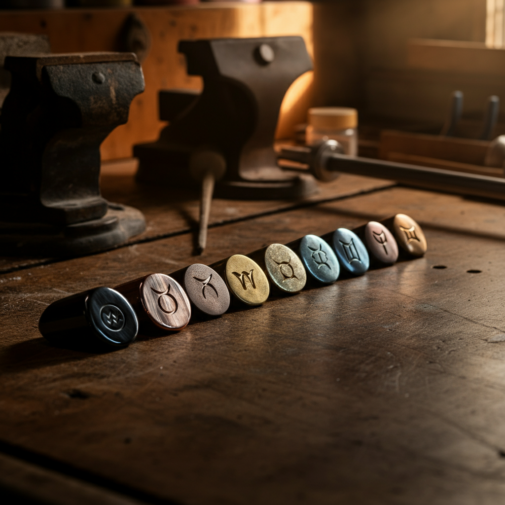 A meticulously organized workbench. Seven small, polished ingots of different metals are arranged in a row, each with its corresponding planetary symbol engraved on its surface. Soft golden hour lighting streams in from a nearby window.