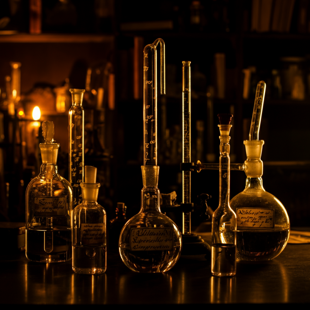 A cluttered alchemist's workspace. A variety of glass retorts and alembics sit on a table, each labeled with an alchemical symbol written in elegant script. Soft bokeh in the background highlights the depth of the scene.