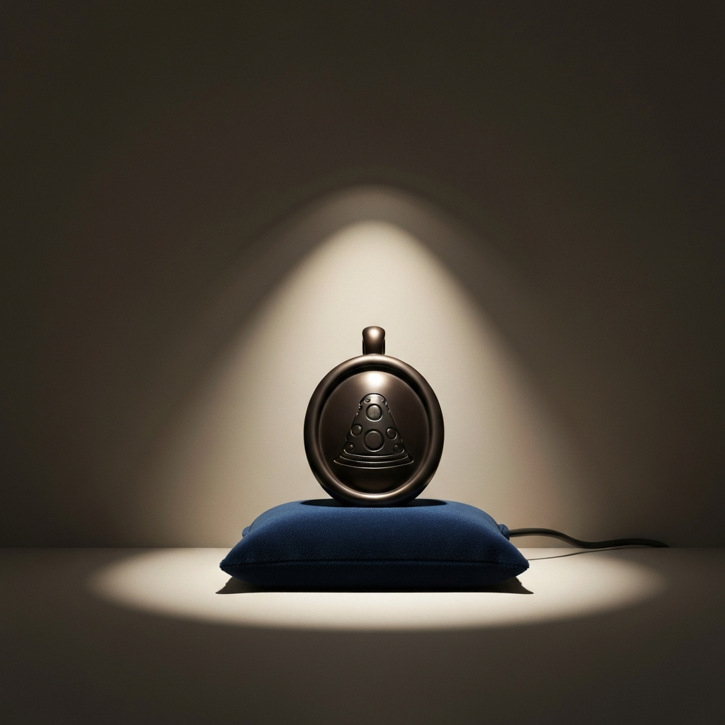A single, exquisitely crafted amulet depicting the symbol of the Philosopher's Stone. The amulet is made of a dark, lustrous material and rests on a velvet cushion. A single spotlight illuminates the amulet, highlighting its intricate details.