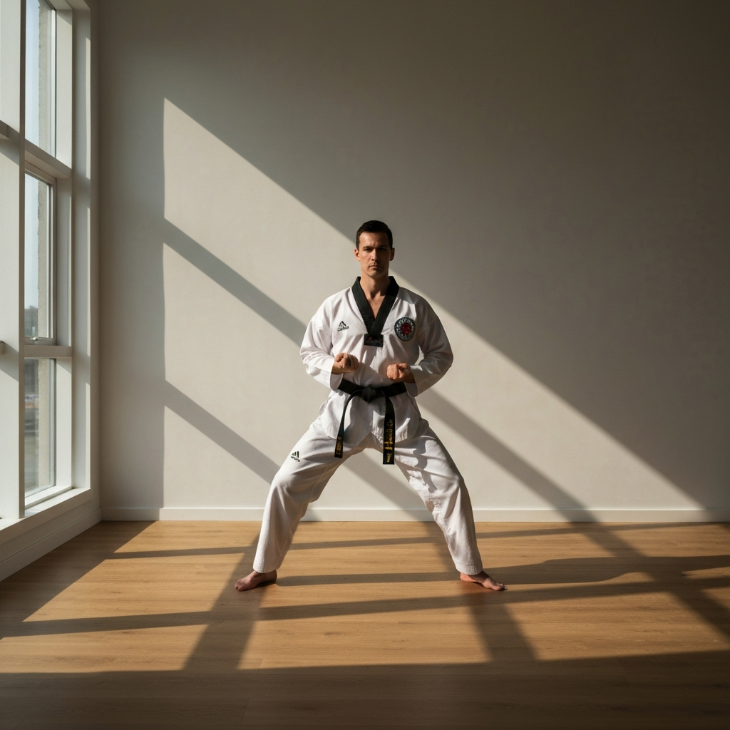 Wide shot of a person in a Taekwondo uniform in a studio with wooden floors, demonstrating the ready stance. Natural light streaming in from a window to the side casts long shadows, enhancing the three-dimensionality of the posture.