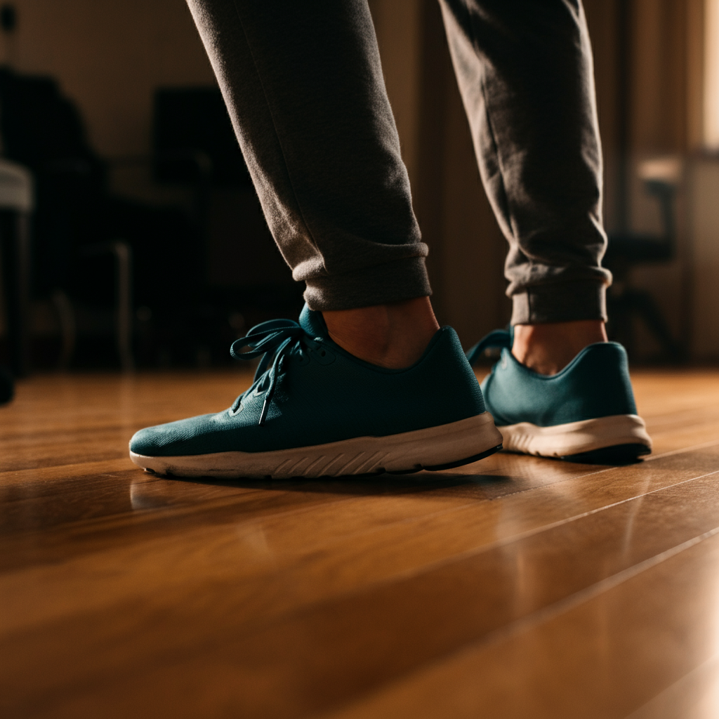 Close-up shot of a person's feet balancing on a hardwood floor. The focus is on the grounded foot, showcasing the distribution of weight and the subtle adjustments needed to maintain balance. The lighting is warm and inviting.