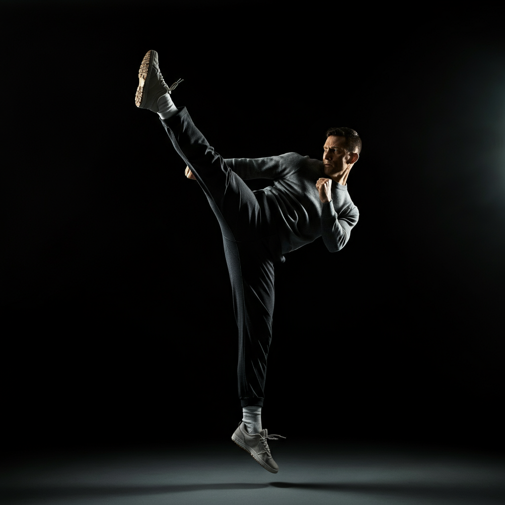 Action shot of a person performing a front kick in mid-air. The image is side-lit, emphasizing the extension of the leg and the power of the movement. The background is blurred to convey motion.