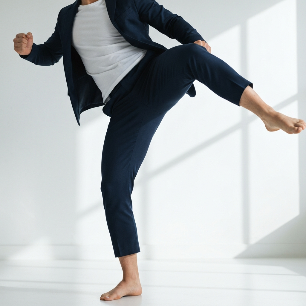 Dynamic shot of a person executing a roundhouse kick in a studio setting. The focus is on the turning hip and the extended leg, capturing the fluidity of the movement. The background is a clean white wall.