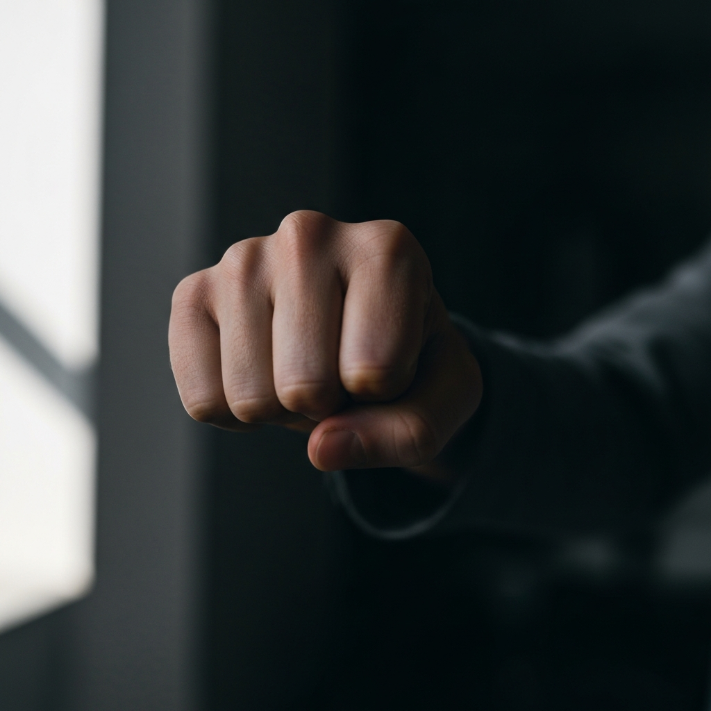 Close-up of a person's fist during a punch, showcasing the tightness and form of the fist. The lighting is dramatic, with deep shadows emphasizing the power of the strike. The background is dark and out of focus.