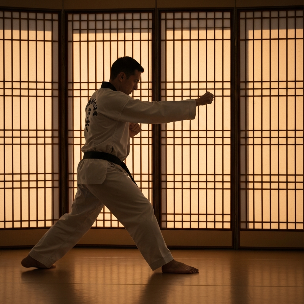 Side-view of a person demonstrating a low block in a dojang. The lighting is soft and even, highlighting the defensive posture and the movement of the arm. The background is a traditional Korean screen.