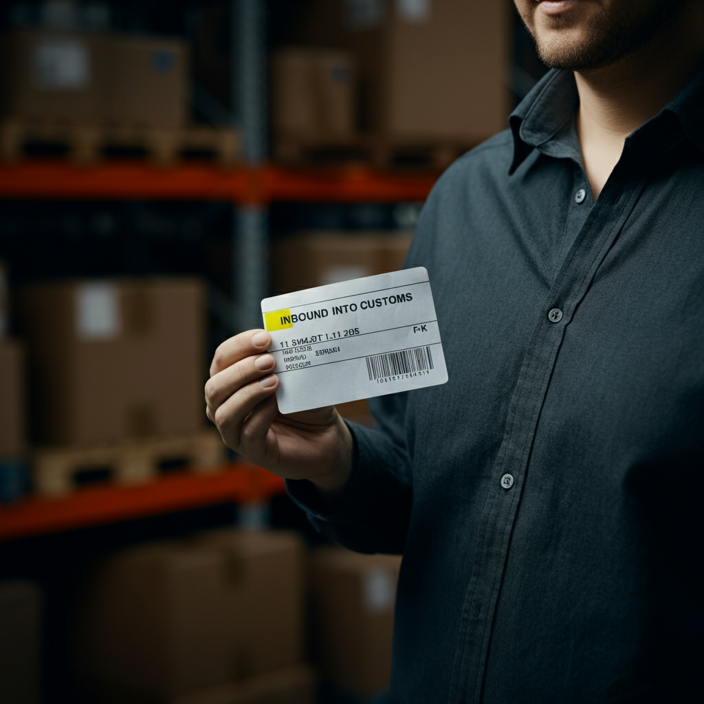 Close-up of a shipping label with "Inbound into Customs" highlighted in yellow. Soft, diffused light on the label, with a blurred background of packages in a warehouse setting.