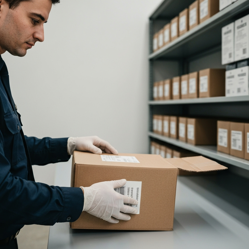 A customs officer wearing gloves examining a package under bright, even lighting. The package is partially open, revealing items inside. The background shows shelves filled with similar packages.