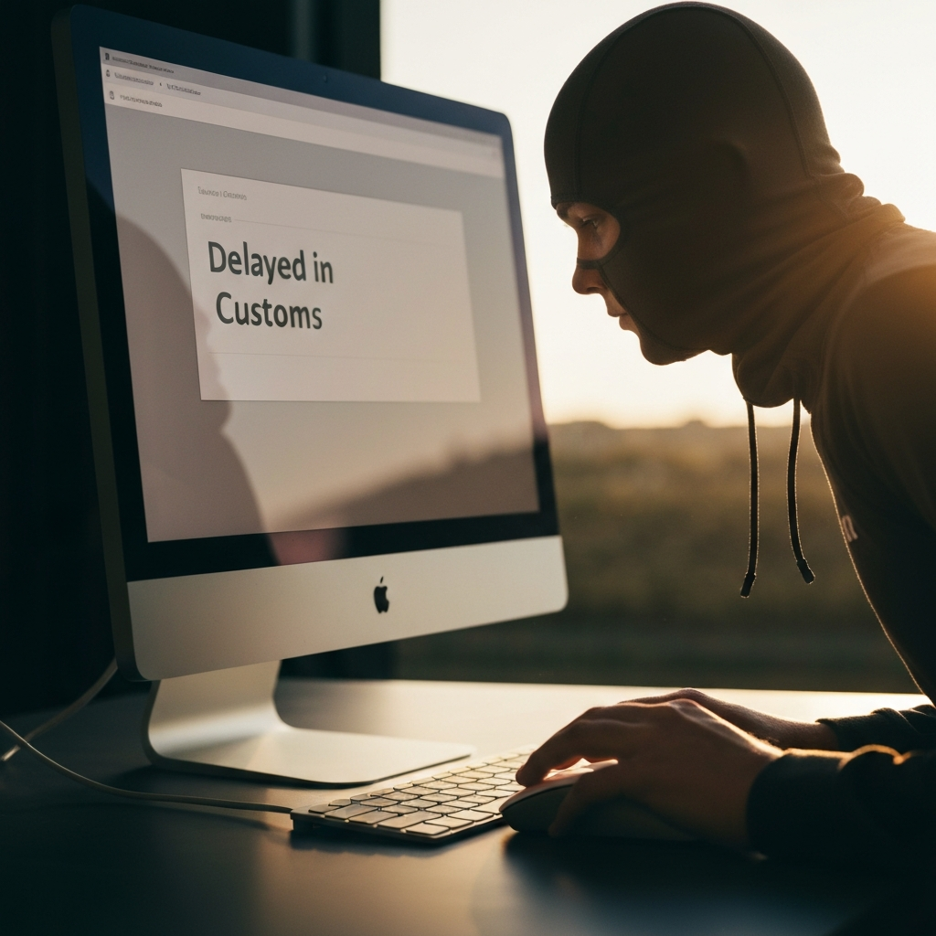 A computer screen displaying a tracking status update showing "Delayed in Customs". Soft, ambient light reflects off the screen. A hand rests near a mouse, suggesting frustration.