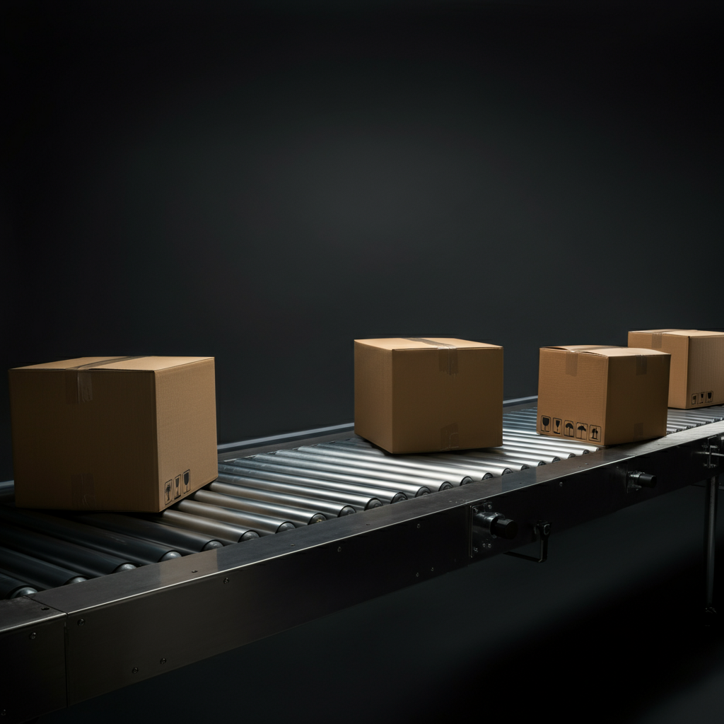 A conveyor belt carrying packages with barcodes. Soft bokeh effect on the packages, creating a sense of movement. Uniform lighting across the scene.