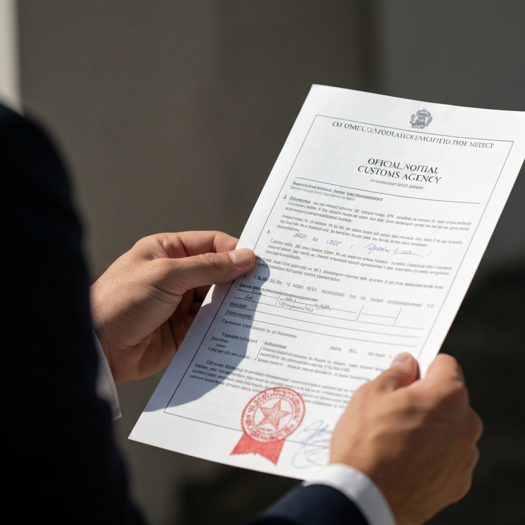 A hand holding a printed notice from a customs agency, with an official seal visible. Natural daylight illuminating the hand and the document. The background is slightly blurred.