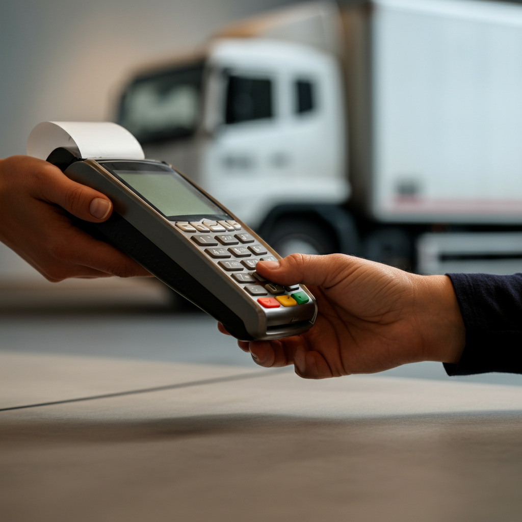 A close-up of a hand making a payment for customs duties using a credit card at a point-of-sale terminal. Soft, warm lighting on the hand and the terminal. The background is a blurred image of a delivery truck.