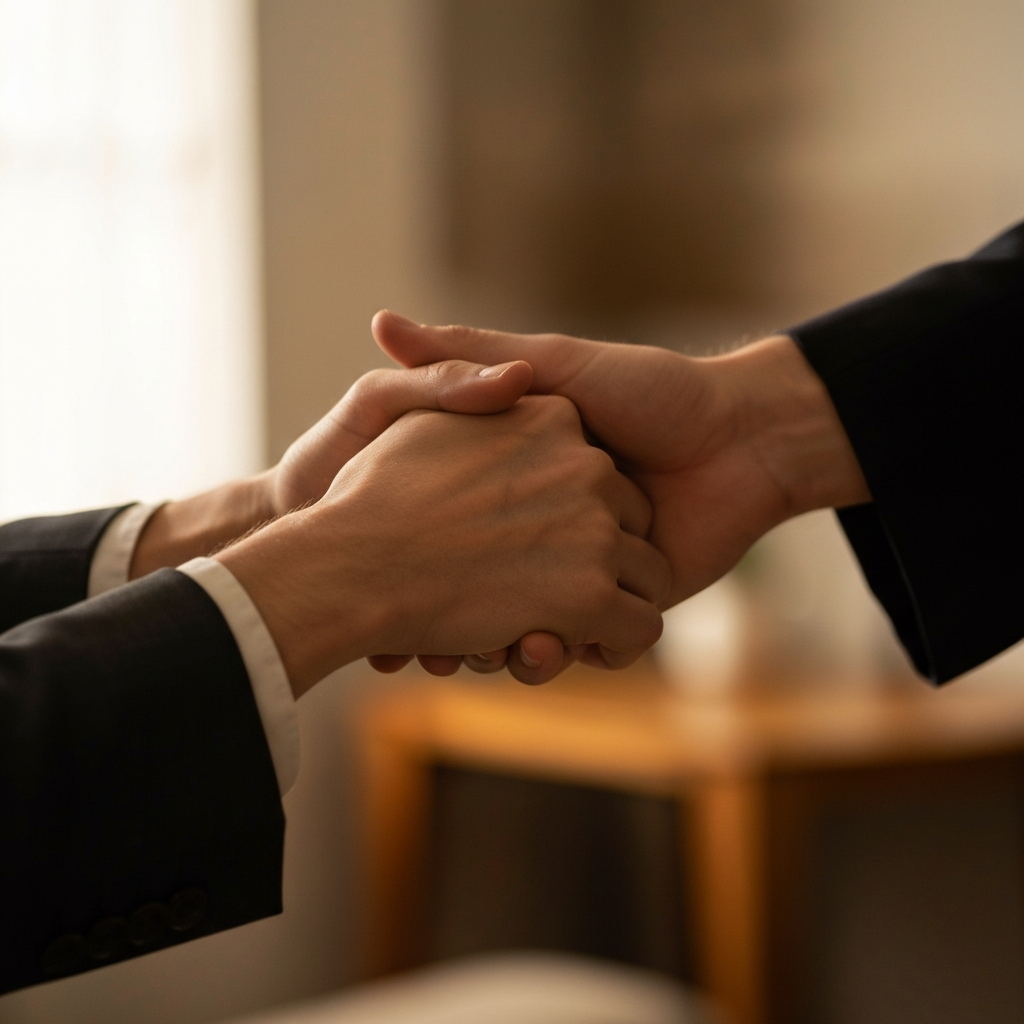 Close-up on two hands clasped together, soft, diffused lighting, slightly blurred background showing a warm, inviting room.