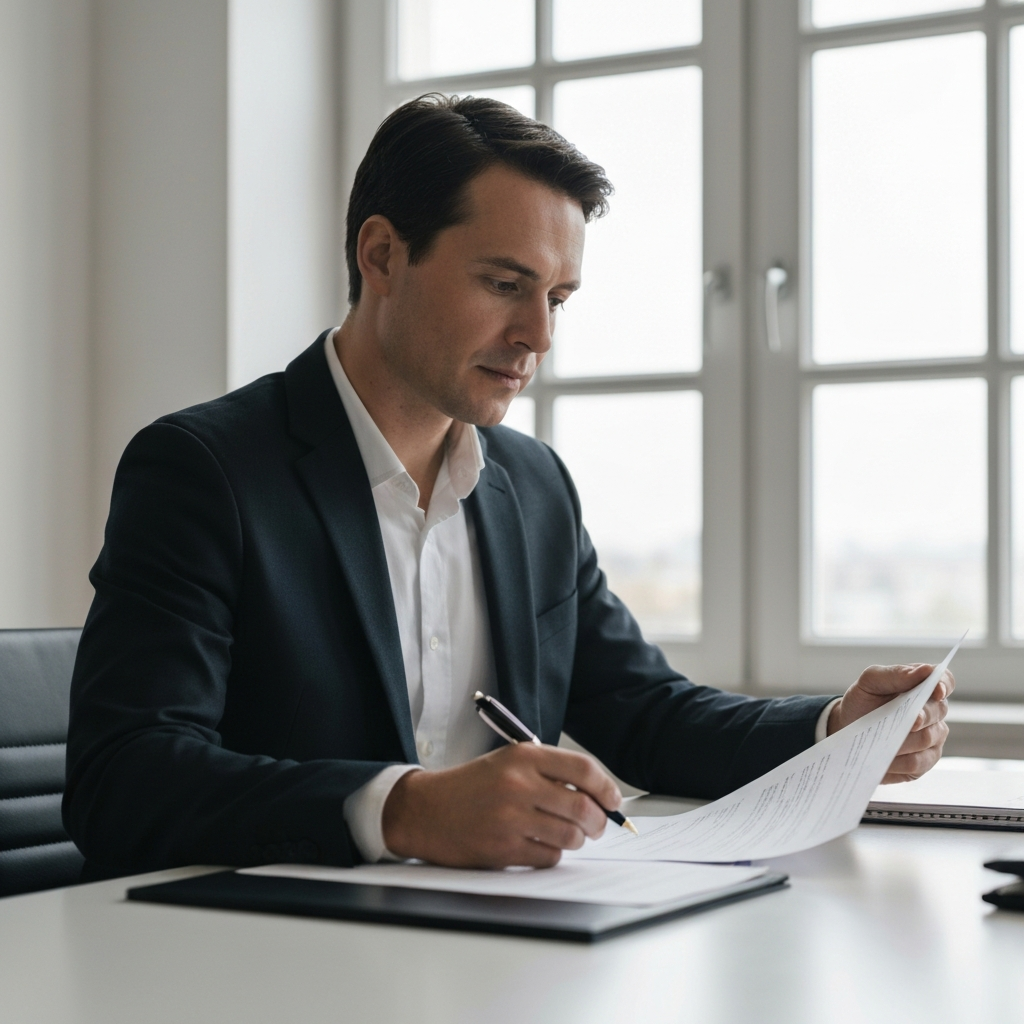 A person sits at a desk, side-lit with a gentle glow, reviewing documents with a focused expression, papers are neatly organized, pen in hand, soft bokeh behind them.