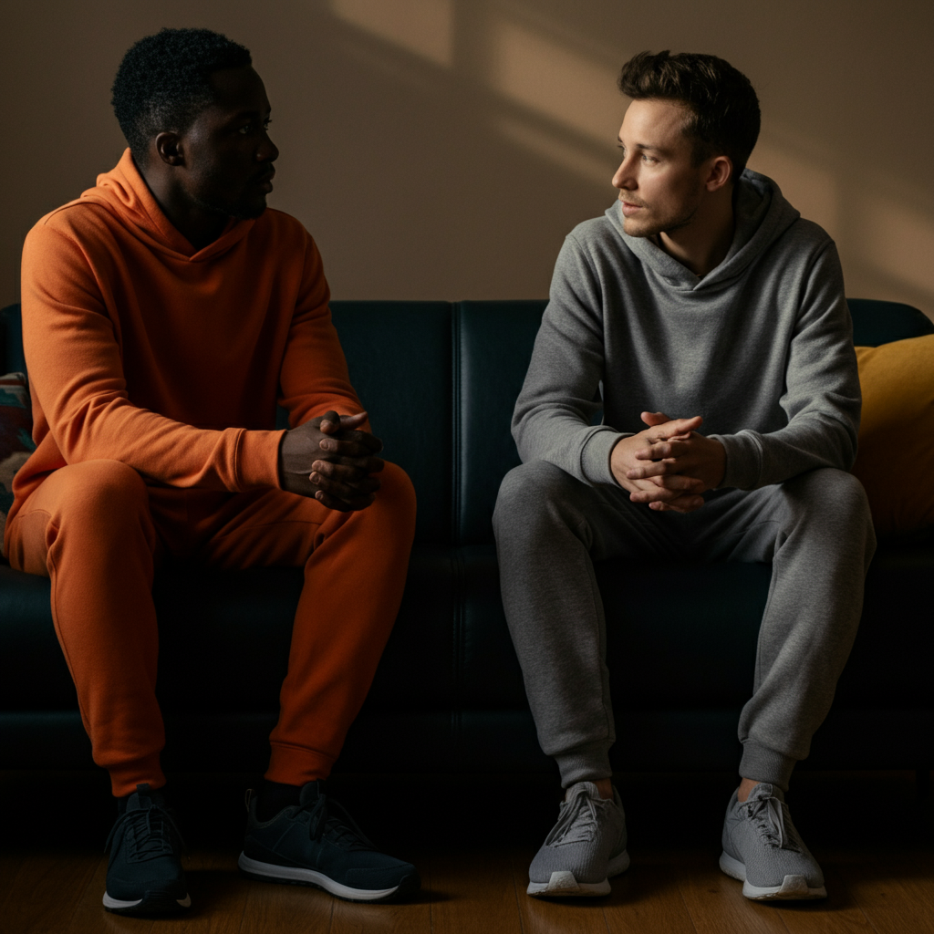 Two people sitting on a comfortable sofa, soft natural light coming through a window, one person listening attentively to the other, hands folded calmly in their lap.