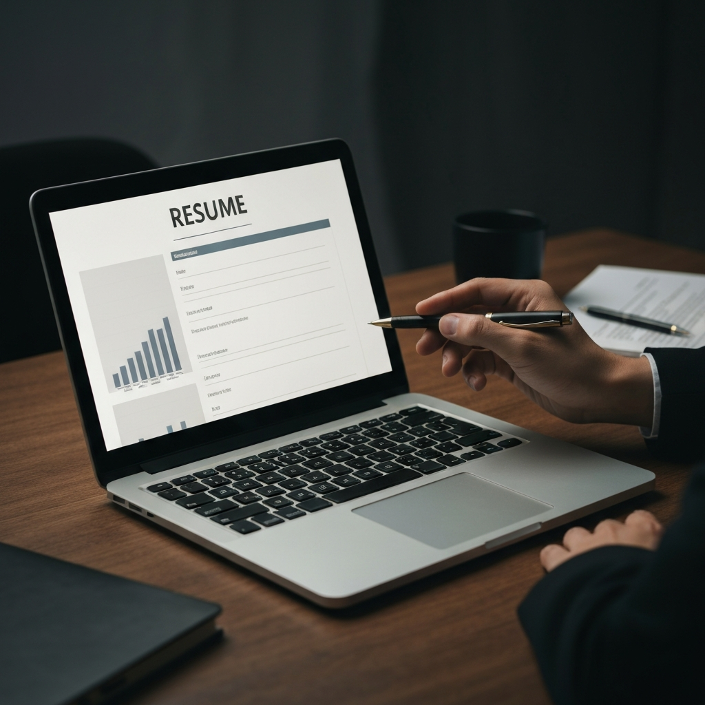 A laptop open on a wooden desk, a resume displayed on the screen, a hand pointing to a specific section with a pen, warm, focused lighting.