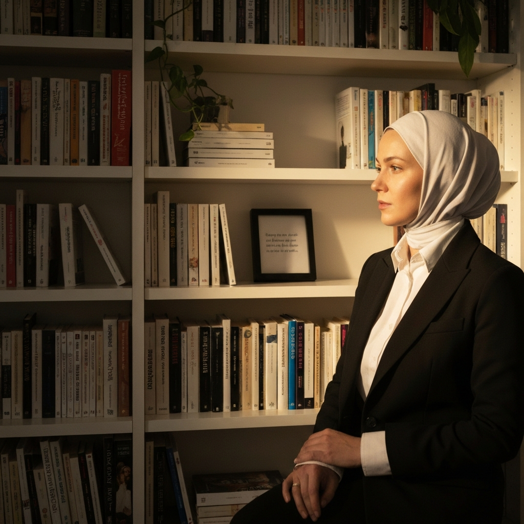 A bookshelf filled with books, soft, warm lighting, a small framed quote visible amidst the books, with a plant subtly placed in the background.