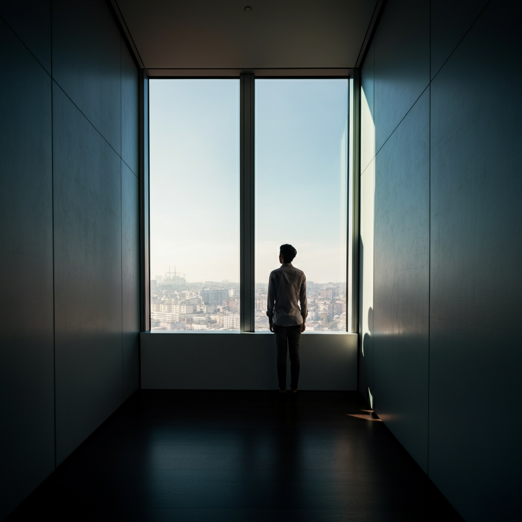 A person looking out a large window, bathed in soft morning light, a city skyline visible in the distance, a sense of hope and anticipation in their posture.