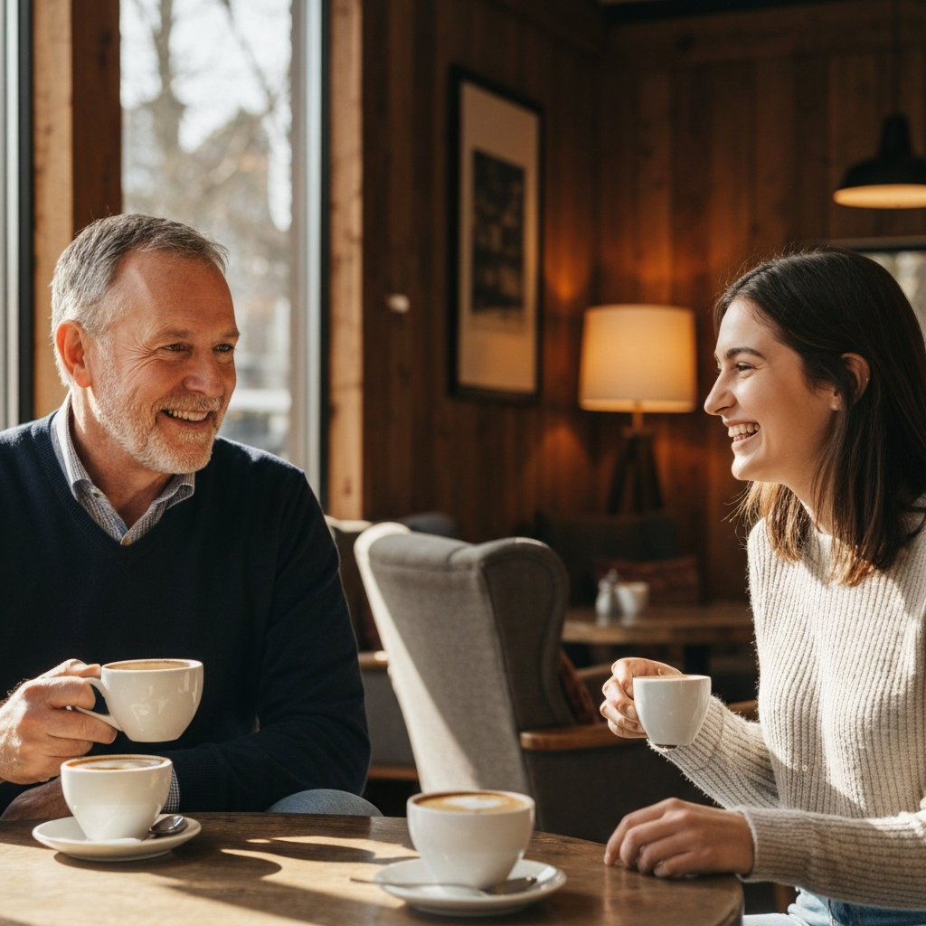 Two people having coffee at a cafe, sunlight streaming through the window, comfortable and relaxed atmosphere, genuine smiles on their faces.