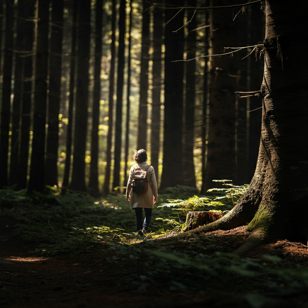A person hiking in a forest, dappled sunlight filtering through the trees, a sense of peace and tranquility, nature surrounding them.