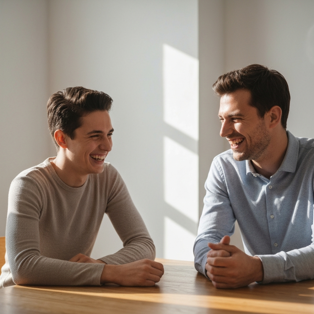 A brightly lit studio. Two friends are sitting at a table laughing. One friend is noticeably shorter than the other. Soft, natural lighting enhances the details of their clothing and expressions. Focus is on the genuine interaction and warmth between them.