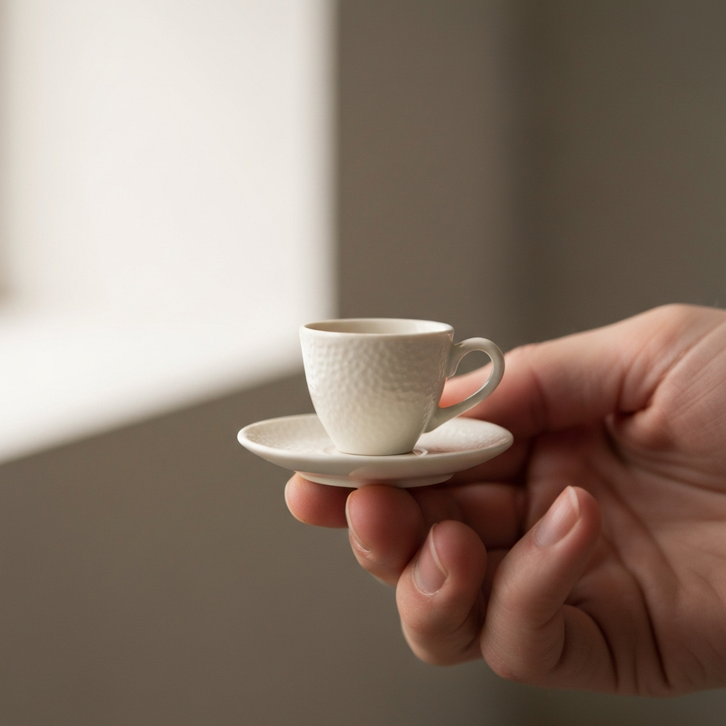 Close-up shot of a hand gently holding a miniature teacup on a saucer. Focus on the delicate porcelain texture and the warm lighting highlighting the details. Shallow depth of field with soft bokeh in the background.